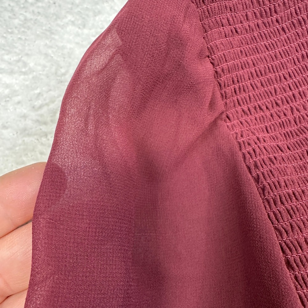 Wilfred Smocked Blouse Burgundy Long‎ Sleeve Sheer Puff Sleeve Women's S - Picture 9 of 13